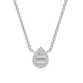 Detail showing tear-drop pendant with micro-paved zircons on elegant silver chain - White Gold Plated
