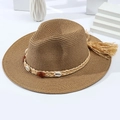 Cappello Panama in paglia con perline boho, conchiglie e nappa in rafia per estate - M (56-58cm) / cuoio