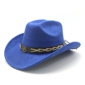 Detail of blue suede cowboy hat with brown leather band and metallic bullhead emblem - M (56-59cm) / Royal Blue Suede
