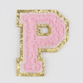 Pink chenille embroidered letter P patch with gold glitter border for DIY luggage decor - Letter P