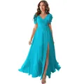 Elegant bright blue chiffon bridesmaid dress with V-neck, ruffle sleeves and side slit - US size 2 (S) / Tops / Lake Blue