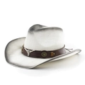 Detail of western straw hat with brown leather band and silver bull head emblem - M(56-58cm) / White Black Painted