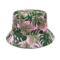 Detail of pink cotton bucket hat with dark green tropical palm and monstera leaf print - M (56-58cm) / Pink
