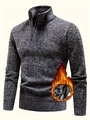 Men's half-zip knit sweater in dark grey with warm fleece lining and stand collar - M / Dark Gray