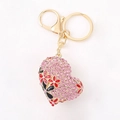 Pink rhinestone heart keychain with floral enamel pattern and gold-plated lobster clasp - Pink Rhinestone Flower Heart