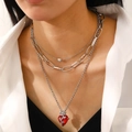 Dreilagige Halskette mit rotem Herz-Edelstein und Rosen-Dornen-Anhänger für Damen - Silber Mehrlagig Rotes Herz Rose Stil (WG-0618)