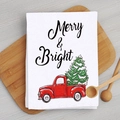 White Christmas kitchen towel with red vintage truck and Merry & Bright printing - Red Truck Merry Bright