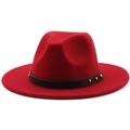 Classic wide brim red fedora hat with a studded black leather belt decoration - M (56-58cm) / Red