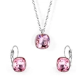 Silver steel jewelry set with square pink crystal necklace and matching earrings - Steel-Pink Crystal
