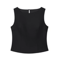 Women's minimalist black sleeveless linen top featuring a back button closure and rounded neck - S / Black Top