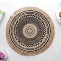 Round jute placemat with black geometric patterns and elegant tassel edge trim - Type G Jute Tassel
