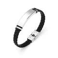 Men's braided leather bracelet in black with polished silver stainless steel plate - Silver