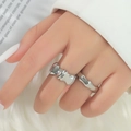 Bagues à texture métal liquide irrégulière en argent, lot de deux anneaux ouverts - Style Aérodynamique Poli Miroir (WG-1466) / 2 Pièces/Ensemble / Or blanc