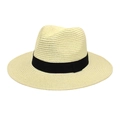 Close-up of the breathable straw weave texture and black ribbon band on a Panama hat - Cream