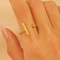 Minimalistischer 18K vergoldeter offener Ring mit geometrischem Zylinder- und Perlendesign - T-Form Dünner Linienstil (4754)