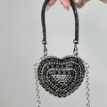 Mini heart-shaped evening bag with black and silver rhinestones and beaded handle - Black Heart Bag with Triangle Crystals