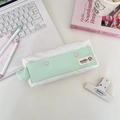 Detail of mint green and white canvas pencil case with pink heart buttons and handle - White