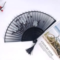 Chinese vintage folding fan with black bamboo frame, floral patterns and silk tassel - Style 31