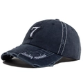 Distressed charcoal baseball cap with white number 7 embroidery and lucky numbers script - Adjustable / Navy Blue