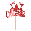 Red glitter Merry Christmas cake topper with reindeer antlers and festive tree patterns - Red Glitter Large Topper (Merry Christmas)