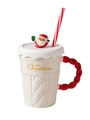 Christmas ceramic mug with sweater texture, red handle, Santa lid and striped straw - Santa Claus Lid / White