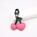 Detail of pink leather cherry charm with deep green leaves and gold snap button - Rose Red Green Stem
