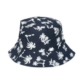 Detail view of white palm tree prints on navy blue cotton canvas bucket hat - 58cm / Navy Blue