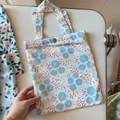 Detail of floral cotton tote bag featuring vintage gold metal buckle and neat stitching - White Base Blue Small Circles(T-20)