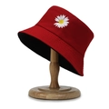 Red cotton canvas bucket hat with white daisy embroidery on professional wooden stand - One Size / Red