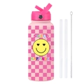 Pink checkered water bottle with spread happiness print and straw cleaning kit - Light Pink 11F