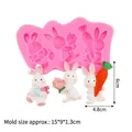 Pink silicone mold with three cartoon bunnies holding a heart, flower, and carrot - 2# (3 Holes Rabbit) / Pink