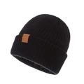Detailed close-up of a black ribbed knit beanie with a decorative brown leather patch - M / Black