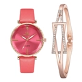 Detail of pink leather watch with rose gold diamond bracelet fashion set for women - Rose Red + Bracelet