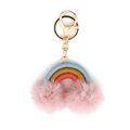 Portachiavi arcobaleno con anello dorato e pompon rosa in blu e giallo senape - Rosa scuro