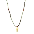 Detail of bohemian tourmaline beaded necklace with a gold evil eye heart pendant - Light Green/Olive Green/Reddish Brown