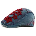 Light blue denim flat cap with red embroidered stars and contrast stitching detail - Adjustable / Burgundy