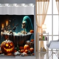 Detail showing Halloween shower curtain with realistic skull, pumpkin and crow pattern - 181x188cm Single Shower Curtain / Skeleton Bathing (25SYL-3)