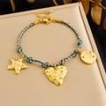 Bohemian gold-plated stainless steel bracelet with blue cord and heart star charms - Star Heart Round Charm Blue Gold Rope Bracelet (B1792)