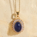 Elegant 14K gold plated necklace featuring a dark blue oval resin stone and white zircons - Glossy Resin Royal Blue