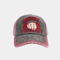 Detail of vintage washed cotton baseball cap with New York fist embroidery and distressed brim - Adjustable / Black