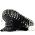 Sparkly black sequin military hat featuring elegant silver rhinestone tassel fringe - Adjustable / Black Sequins With Tassel Rhinestones