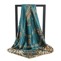 Dark green silk-like square scarf with leopard print borders and gold chain pattern - Green (No Border)