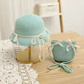 Close-up of mint green straw hat and matching purse with elegant white lace bows - S (Kids 52cm 1-6Y) / Blue Hat + Bag