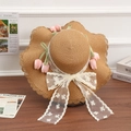 Brown straw sun hat with pink tulips and white lace bow ribbon for summer - Three Flower Decoration - Khaki
