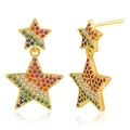 Bohemian gold star earrings featuring vibrant multi-color zircon pavé in a double star design - Double Star Rainbow Pendant