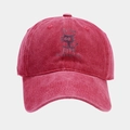 Detail of vintage washed red baseball cap with black cat print and humorous quote - Adjustable / Burgundy