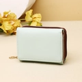 Detail view of mint green mini zip wallet showing brown zipper and fine stitching - Light Green