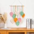 Handmade bohemian macrame wall hanging with colorful cotton woven leaves and wood beads - Five Colors Ten Leaves Multicolor