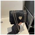 Elegant black quilted PU crossbody bag with V-pattern and gold heart buckle - Black