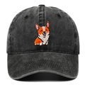 Détail de la broderie chien Corgi sur une casquette de baseball en coton noir délavé vintage - Taille unique / Noir
